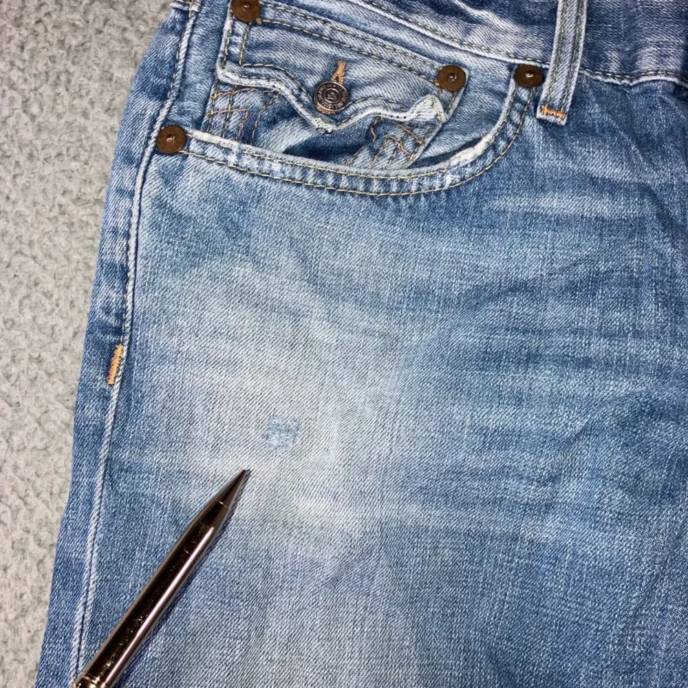 Vtg True Religion Slim Straight Jeans Men 34 Blue Flap Pocket Whiskered USA Made